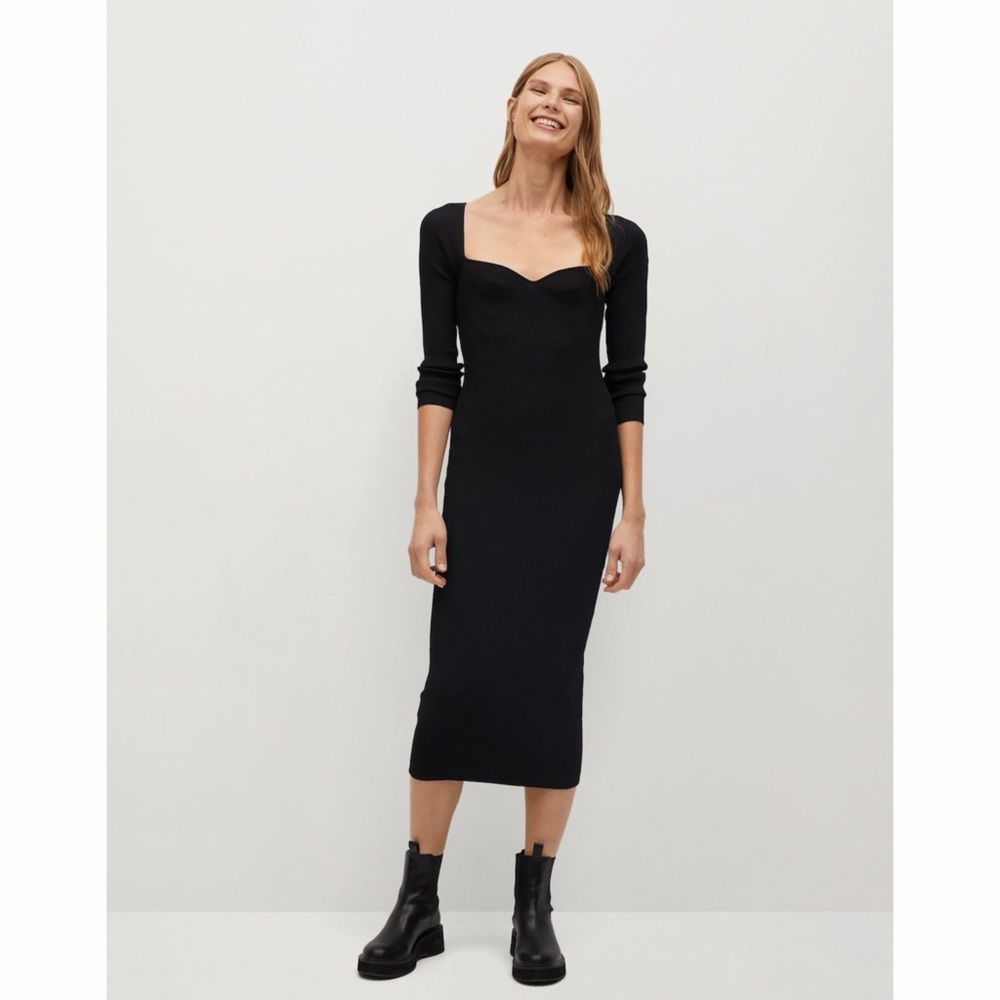 Mango Black Ribbed Long Sleeve Bodycon Midi Dress size S